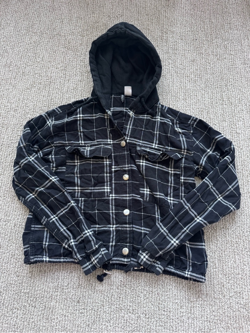 Divided Black and White Plaid Hooded Shirt Jacket